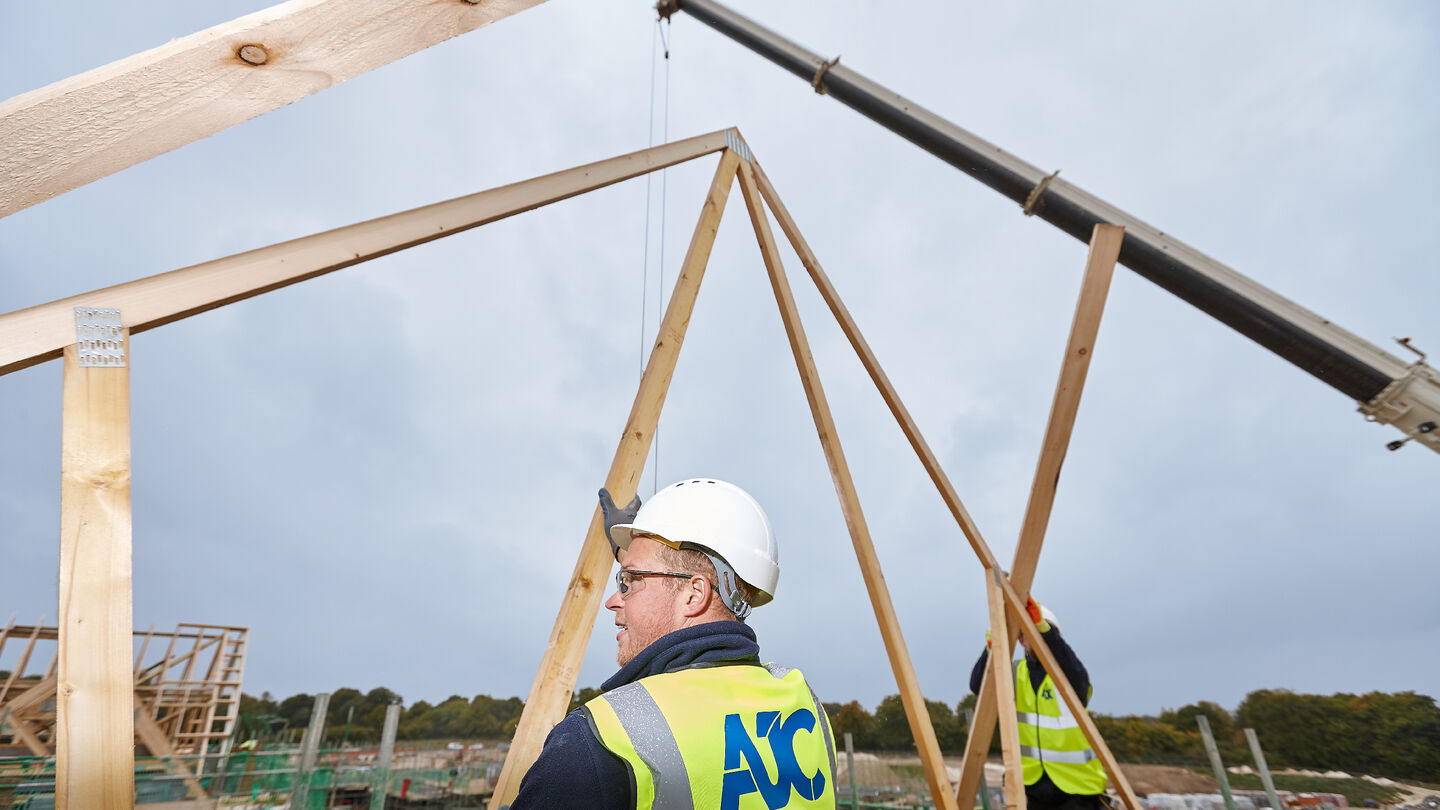 Carpentry frames on the Kennel Farm development, roof construction